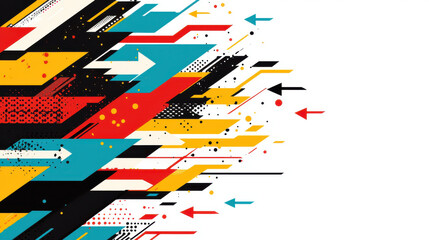 Fototapeta premium Dynamic abstract design featuring overlapping arrows in vibrant colors. This energetic composition combines black, red, yellow, and blue elements, creating sense of movement and direction