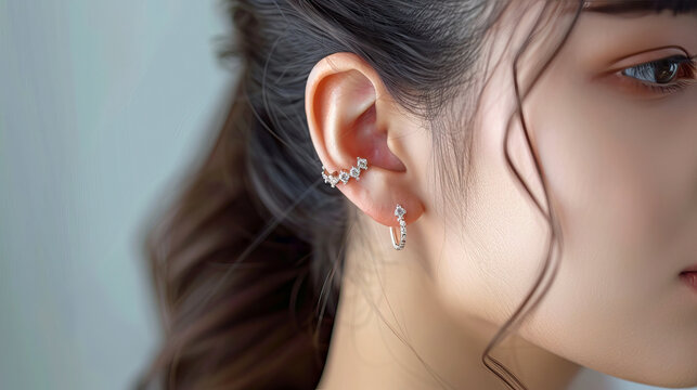 Close-Up of a Woman Wearing Elegant Diamond Earrings and Ear Cuffs in Soft Lighting