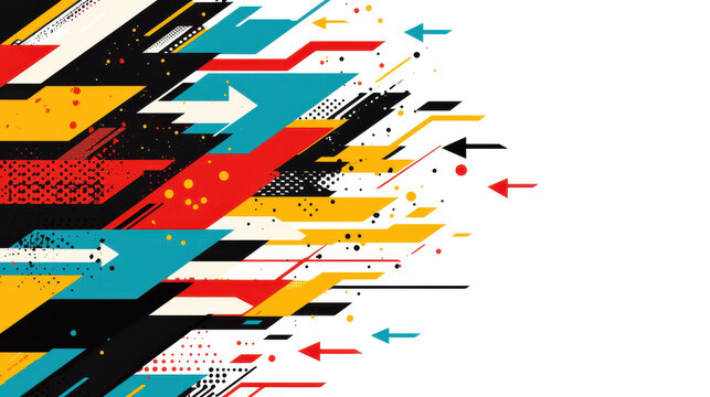 Dynamic abstract design featuring overlapping arrows in vibrant colors. This energetic composition combines black, red, yellow, and blue elements, creating sense of movement and direction