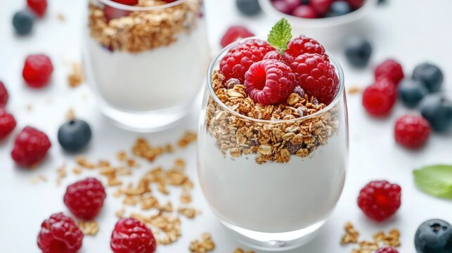 Forced perspective yogurt parfait with granola and berries on white background