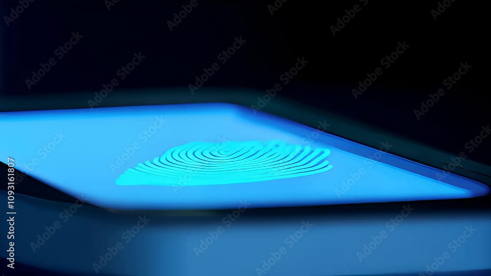 Poster a fingertip gently presses on a touchscreen, activating a glowing fingerprint sensor, emphasizing mo