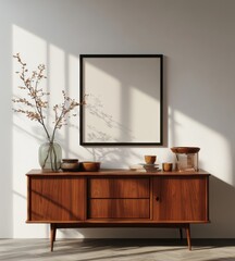High-Resolution Boho Style Mockup with Empty Black Edged Poster Frame and Retro Sideboard