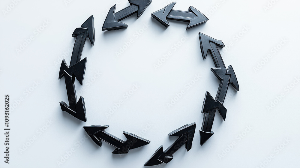 Aufkleber circular arrangement of black arrows symbolizing direction and movement. this concept illustrates id