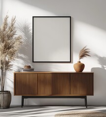 High-Resolution Boho Style Mockup with Empty Black Edged Poster Frame and Retro Sideboard