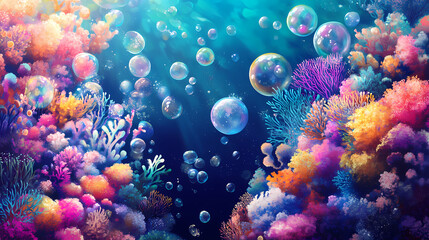 Naklejka premium Vibrant coral reef abstract: dive into a whimsical underwater world bursting with color and life, perfect for summery, tropical, and playful designs. Underwater Bubble Worlds. Illustration