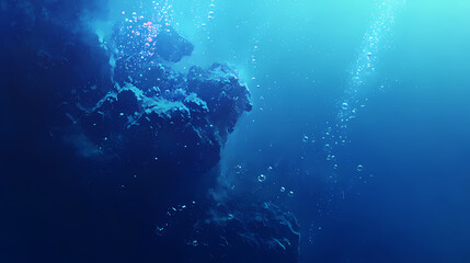 Obraz premium Underwater view with bubbles rising to the surface in a deep blue ocean. the image captures the serenity and mystery of the underwater world. Underwater Bubble Worlds. Illustration