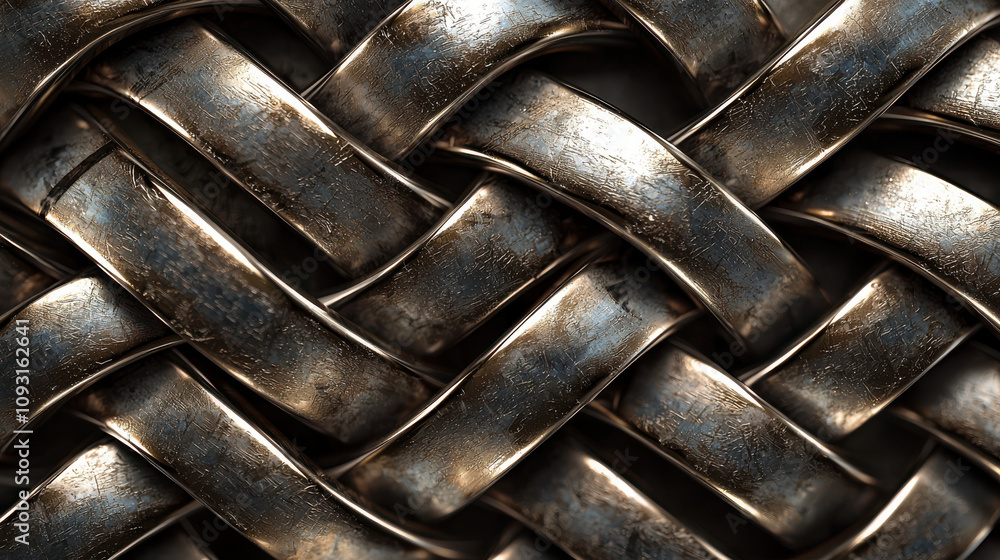 Poster metallic woven texture with interlaced patterns, showcasing shiny surface and intricate design. this
