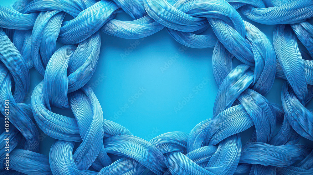 Poster vibrant blue braided pattern forms circular frame, creating striking visual effect. smooth texture a