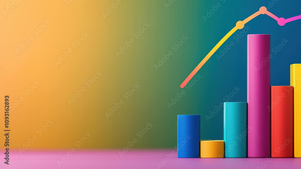 Poster market value in the stocks marketplace concept. a colorful bar graph with an upward trend line again