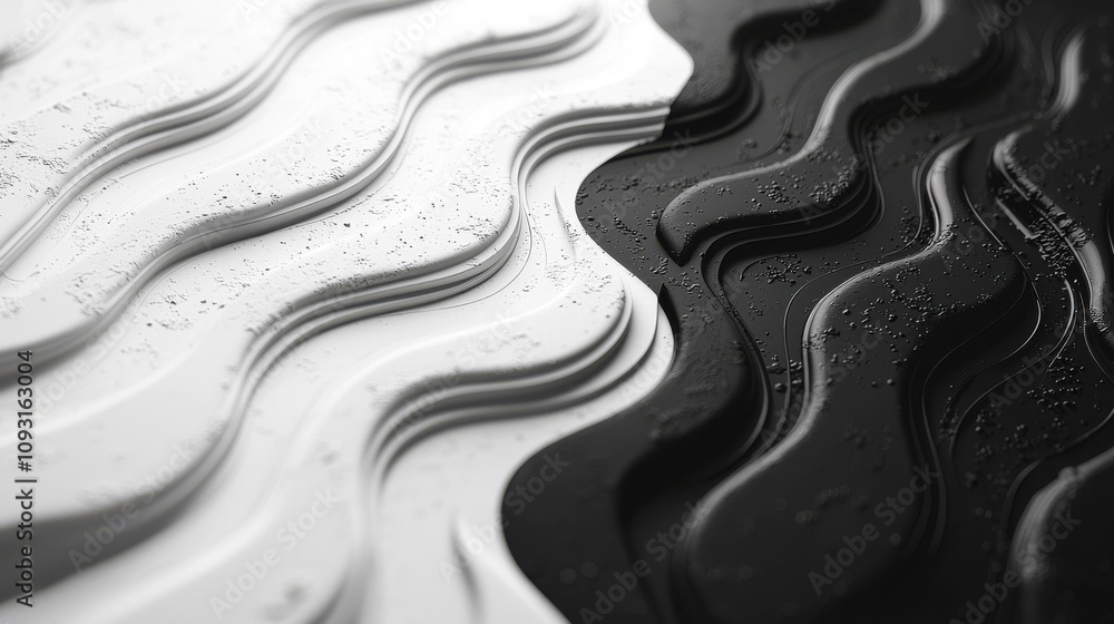 Poster monochrome wavy patterns in black and white create striking visual contrast. smooth curves and textu