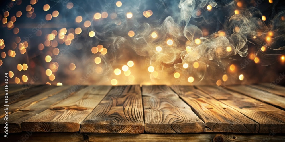 Poster a rustic wooden tabletop with a blurred background of smoke and bokeh lights