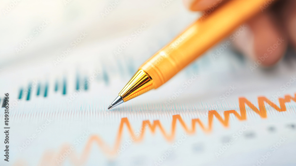 Poster market value in the stocks marketplace concept. a close-up of a hand holding an orange pen, poised o