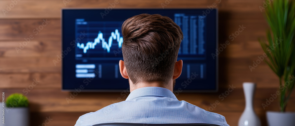 Poster market value in the stocks marketplace concept. a person monitors stock market data on a screen, ana
