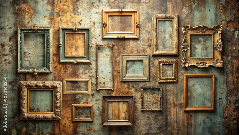 Poster a rustic wall adorned with a collection of ornate, empty frames, each offering a canvas for imaginat