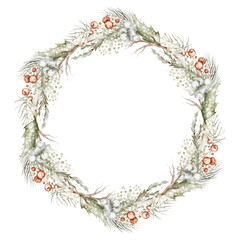 Christmas watercolor wreath with Holly berries and leaves. Hand drawn Illustration of circular Frame on isolated background. Botanical border for  holiday invitations and Xmas greeting cards.