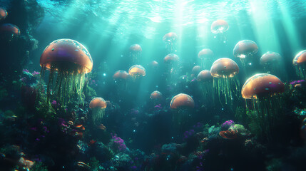 Fototapeta premium Mysterious underwater world with soft rays of light filtering through, creating a calm and magical atmosphere. Underwater Bubble Worlds. Illustration
