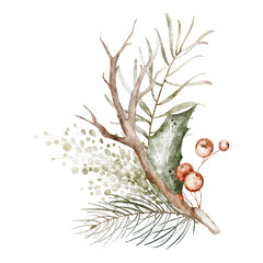 Watercolor holly Christmas ornament. Xmas green bouquet isolated on white background. Hand drawn Winter holiday decoration for design cards, invitation.