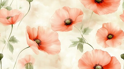 Light watercolor poppies in a seamless pattern, soft pastel tones, delicate green leaves, fluid and airy brush strokes, intricate petal details, hand-painted texture, elegant and natural composition,