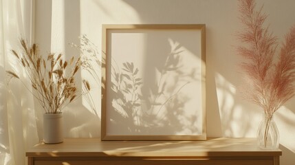 Wooden Frame with Dried Flowers and Sunlight Shadows