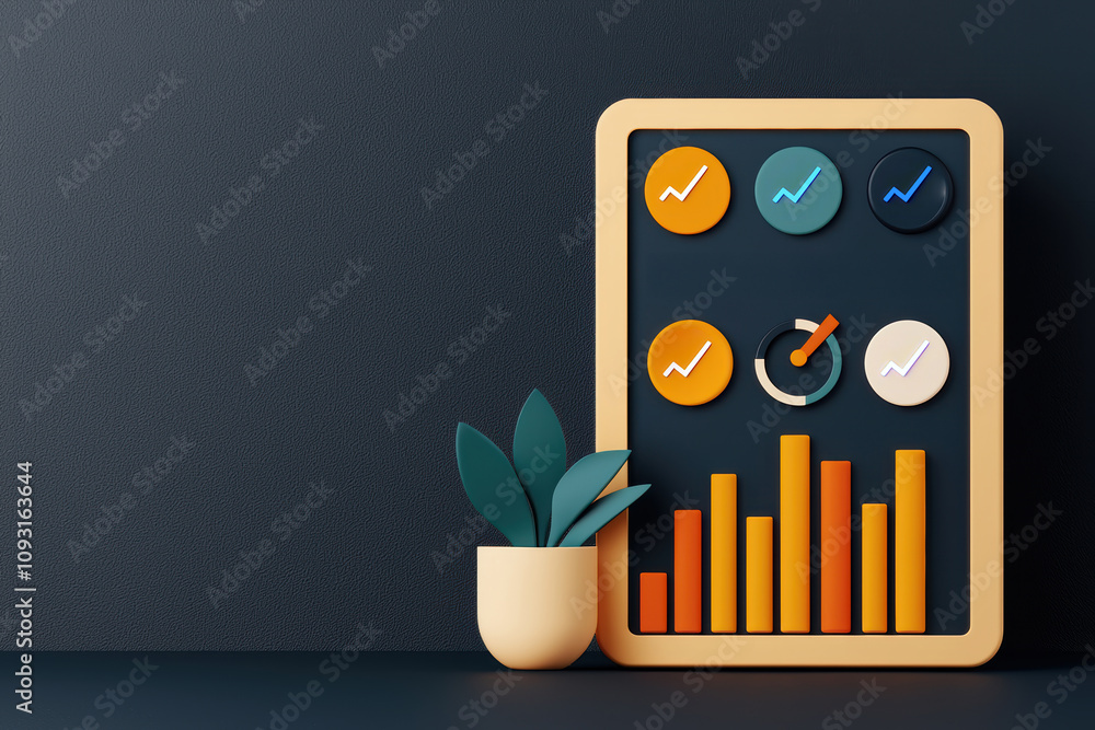 Poster market value in the stocks marketplace concept. a modern dashboard with colorful graphs and a plant,