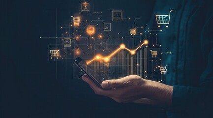 Hand holding smartphone displaying digital shopping cart icons and upward trend symbolizing e-commerce growth and data analytics