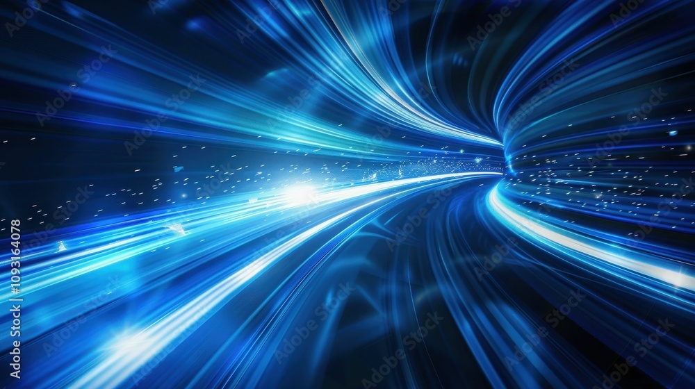Poster vibrant blue light trails create an abstract, dynamic background with a sense of motion.