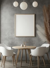 3D Rendered Modern Dining Room with Empty Wall for Mockup, Wooden Frame, Round Table, White Chairs, Gray Walls, Feather Decoration, Natural Lighting