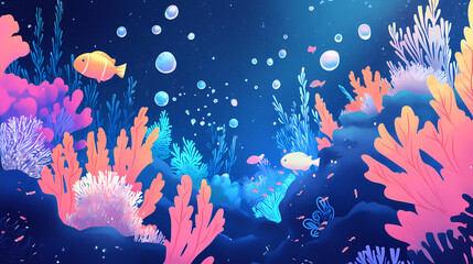 Colorful underwater scene with various fish and coral in a whimsical, cartoonish art style. perfect for children's decor or educational content. Underwater Bubble Worlds. Illustration