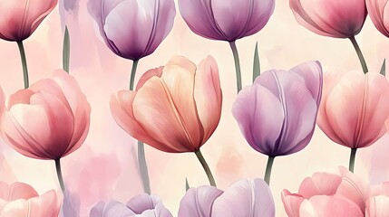 Fototapeta premium Light watercolor tulips in a seamless pattern, pastel tones of blush pink and lavender, delicate petals, loose and airy brush strokes, elegant and natural design, hand-painted texture,