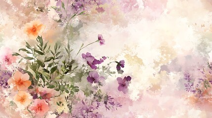 Light watercolor wildflowers in a seamless pattern, pastel shades of pink, lilac, and soft yellow, delicate green leaves, fluid and airy brush strokes, natural texture, elegant and soft look,