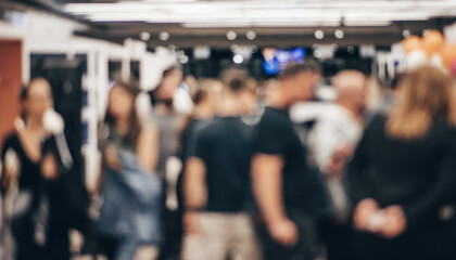 Abstract blurred people at exhibition hall of expo event trade show. Business convention show or job fair. Business concept background