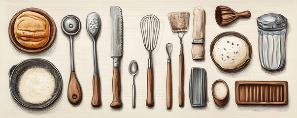 Baking Illustration - Bread, Flour, Utensils, and Ingredients