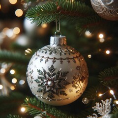 크리스마스 트리에 걸려 있는 화려한 실버 원형 오너먼트