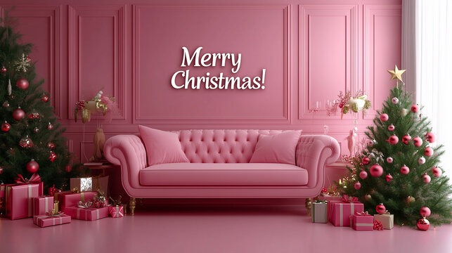 Text Happy New Year and Merry Christmas, banner, copy space, pink theme