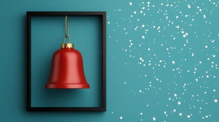Obraz premium A red bell hangs within a black frame against a teal background, surrounded by sparkling white specks, evoking a festive and cheerful atmosphere.
