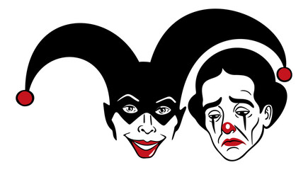 Happy and sad clown. Harlequin and Pierrot. Commedia dell arte opposite characters. Vector isolated illustration. Black and red colors