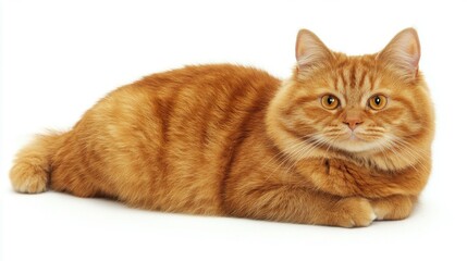 Manx cat without a tail lying down on a white background for pet photography animal portrait minimalist style