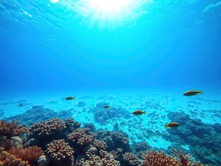 Vibrant underwater view of beautiful blue ocean with sunlight shining through, showcasing coral reefs and tropical fish swimming, underwater, coral reefs