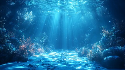 Sunlit underwater ocean view glowing with radiant light beams in tranquil blue depths