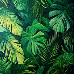 Lush green leaves create vibrant jungle atmosphere, showcasing various tropical plants and their intricate textures. This artwork captures essence of nature beauty
