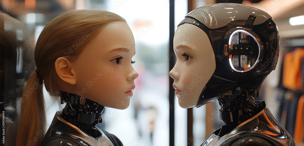 Poster lifelike humanoid robots face each other, showcasing advanced ai technology and customizable feature
