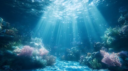 Fototapeta premium Radiant beams of sunlight streaming into a serene underwater blue ocean environment