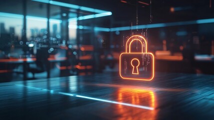 Glowing Digital Padlock Hovering Over Business Office Symbolizing Cybersecurity Insurance Against Data Breaches and Cyber Threats