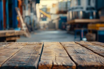 Fototapeta premium Wood table in warehouse storage with blurred background