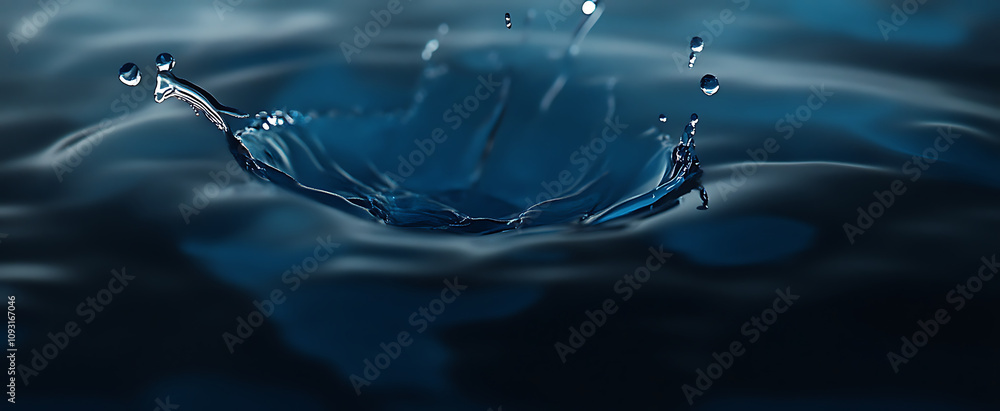 Poster stunning image of water droplet creating ripples on dark surface, showcasing beauty of fluid dynamic