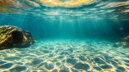 Submerged ocean environment illuminated by sunbeams in vibrant clear blue water