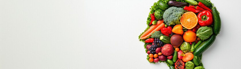 Happy Diet Wellness Awareness Concept. A creative arrangement of various fruits and vegetables forms a human silhouette, symbolizing healthy eating and nutrition.