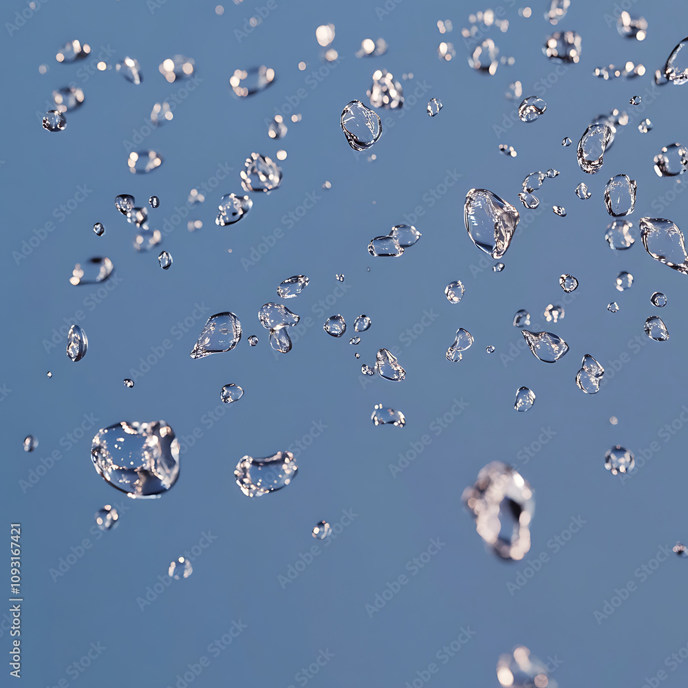 Poster shimmering droplets float gracefully against soft blue background, creating mesmerizing visual effec