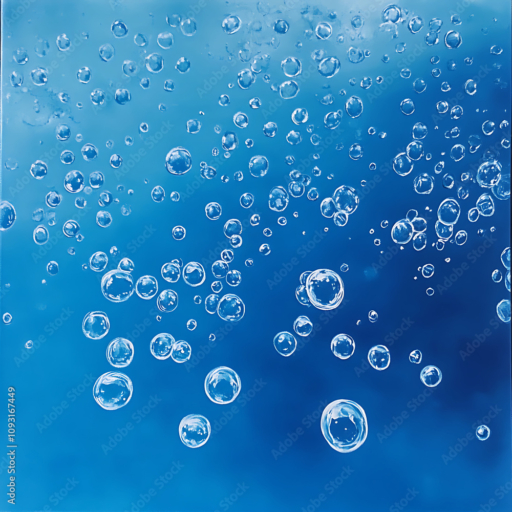 Poster shimmering droplets float gracefully in serene blue background, creating tranquil and refreshing atm