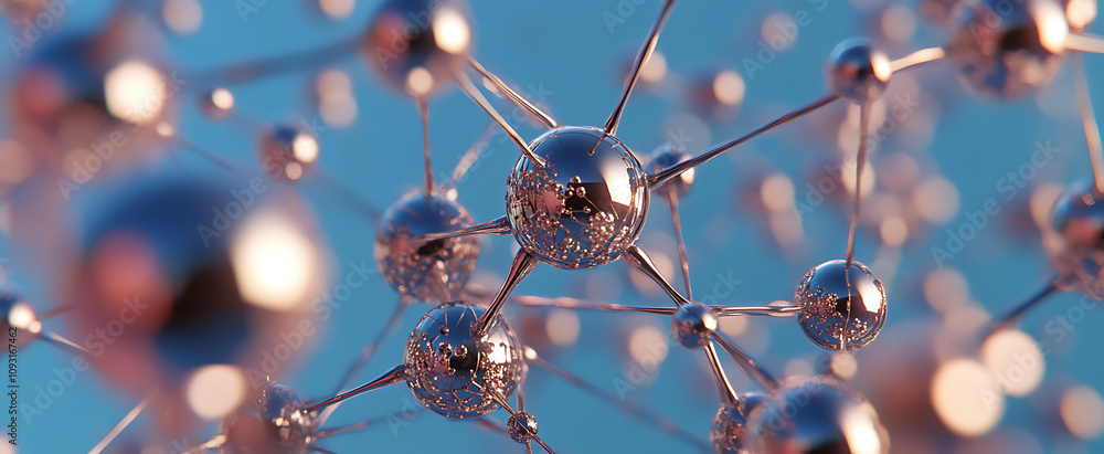 Poster photorealistic image of atomic lattice structure with metallic spheres and connections, showcasing i